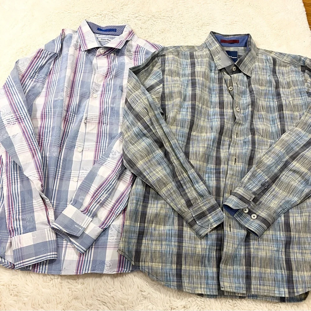 New Tommy Bahama Mens Large Flannel Plaid Blue Button Up Shirts Cotton Bundle - Picture 1 of 4